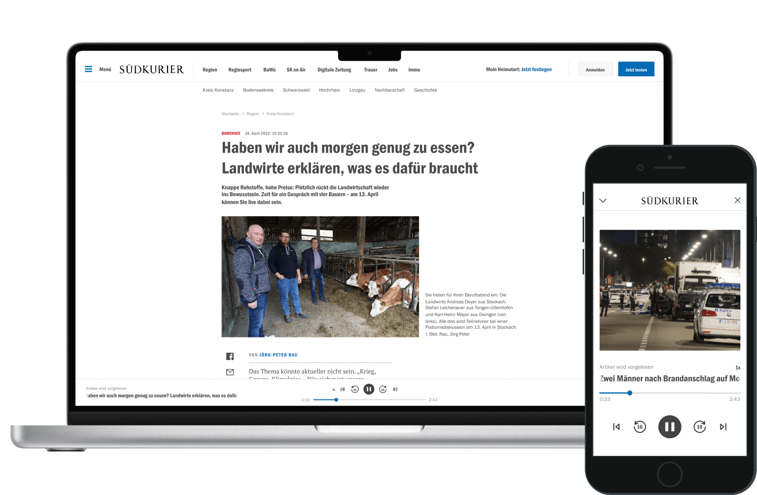 Mockup of the text-to-speech feature UX design for S&Uuml;DKURIER by Ramona Lehmann, showcasing desktop and mobile views with intuitive controls and modern UI elements.